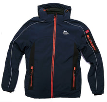 Afbeelding in Gallery-weergave laden, Ole, een gevoerd softshell jack voor heren met afneembare capuchon in navy/orange, van Nordberg.