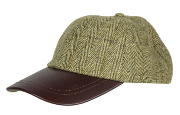 Leather peak tweed baseball cap